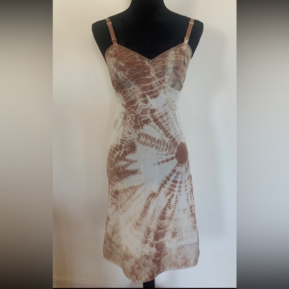 Womens Beige Tie Dye Spaghetti Straps Sheer Lingerie Style Summer Slip Dress S